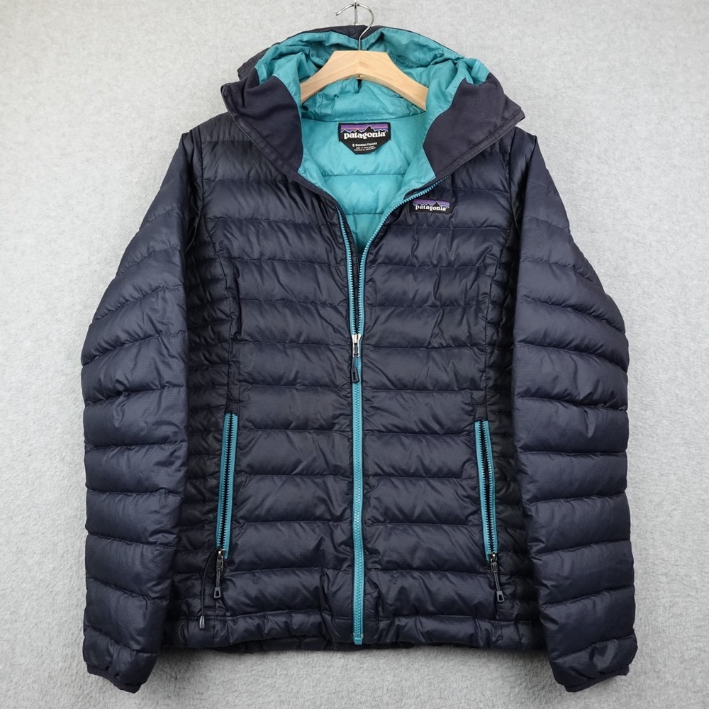 Patagonia Puffer Jacket Womens Small Blue Goose Down Hoodie Full Zip Hike
